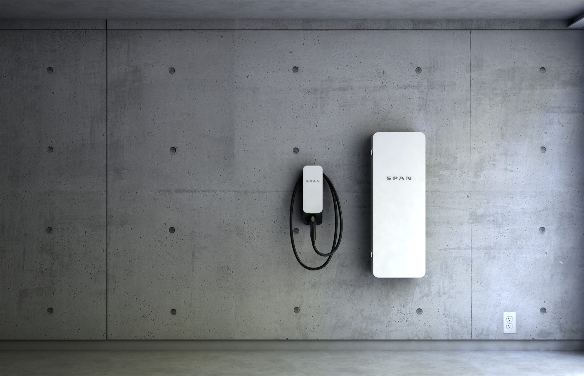 SPAN Panel and SPAN Drive EV charger mounted on a concrete wall