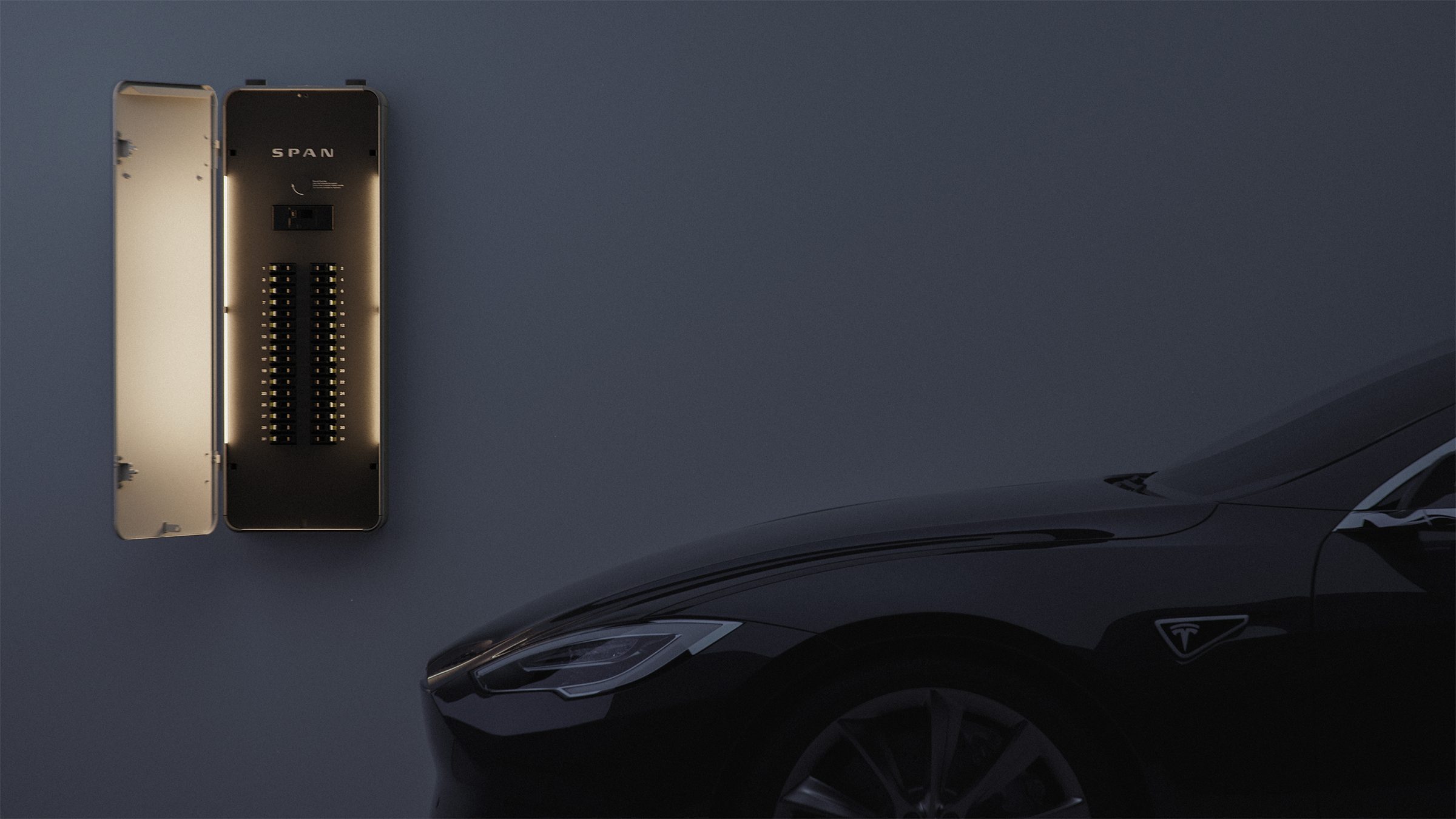 SPAN Panel with its door open and interior lights on, mounted in a garage beside an electric car