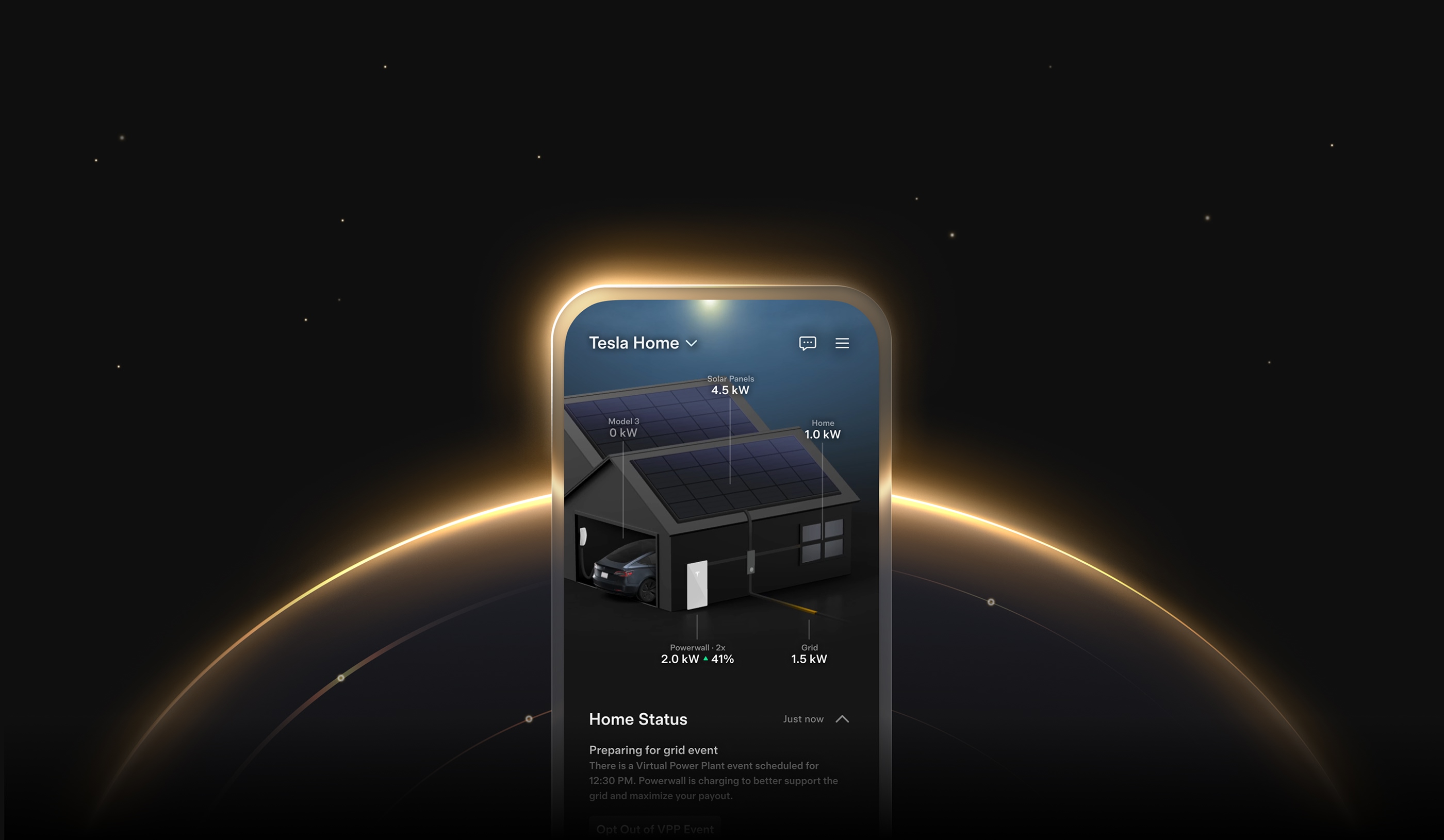 Tesla Home app showing solar panels, Powerwall, Model 3 and grid power flow for a home