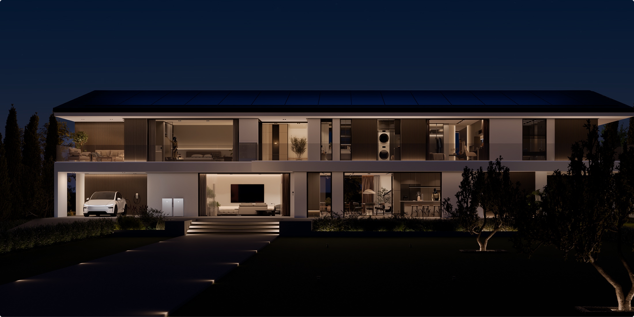 Modern home at night with rooftop solar, two Powerwall units and an electric vehicle in the carport